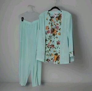 Maggie Sweet Pant Suit 3 Piece Tank Pants Jacket Floral Light 1x Lg Teal Pink